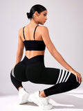 Calça Legging Fitness Sem Costura Com Listras Modeladora