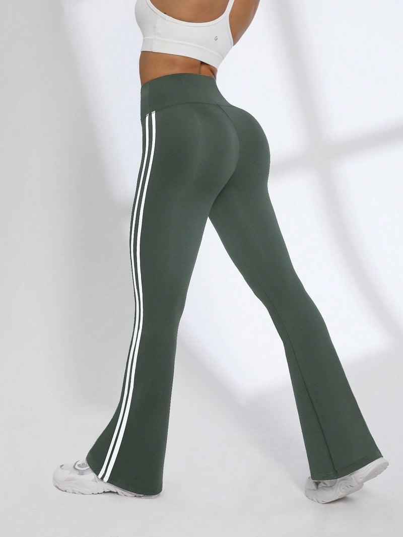 Calça Legging Flare Fitness Cintura Alta Com Listras Laterais