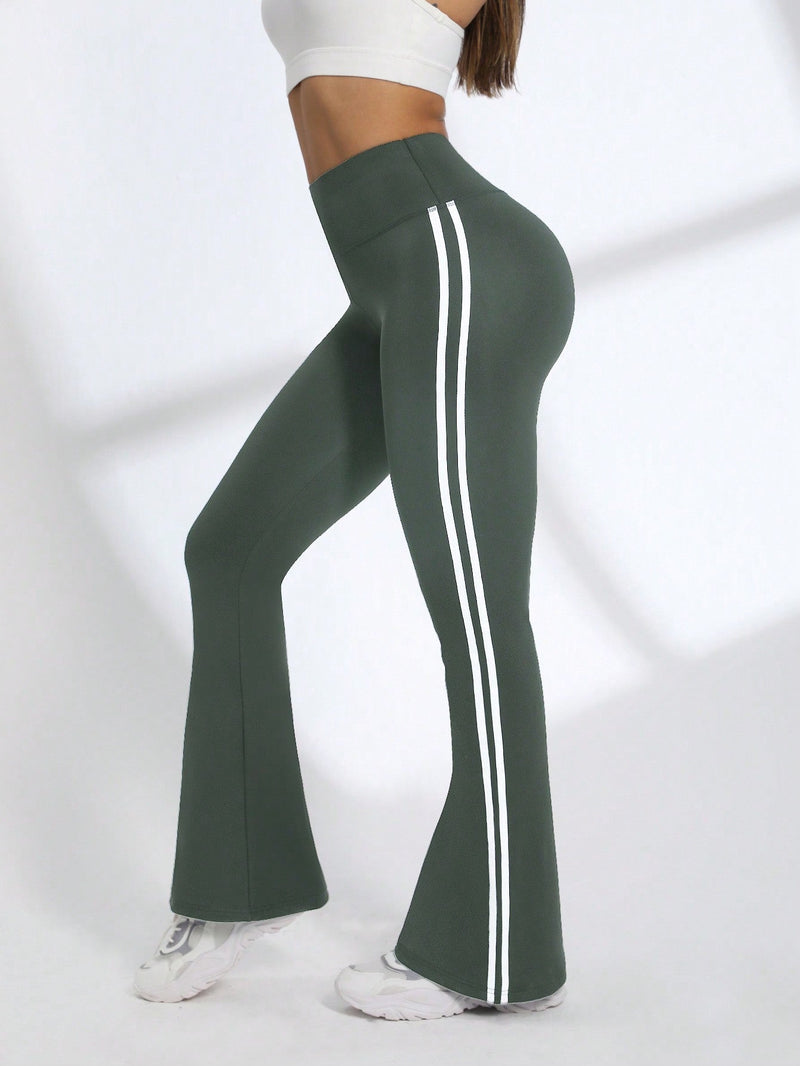 Calça Legging Flare Fitness Cintura Alta Com Listras Laterais