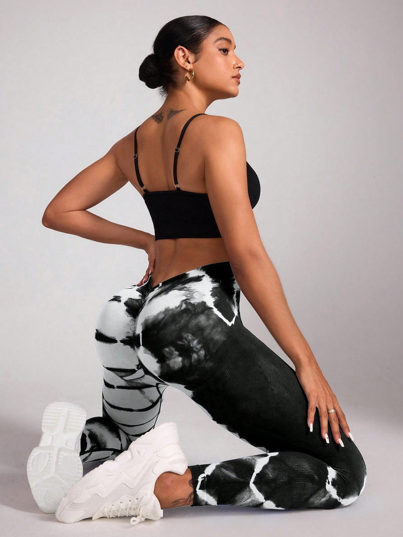 Calça Legging Fitness Tie Dye Cintura Alta Design V Costas