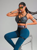 Calça Legging Fitness Cintura Alta com Recortes em Couro