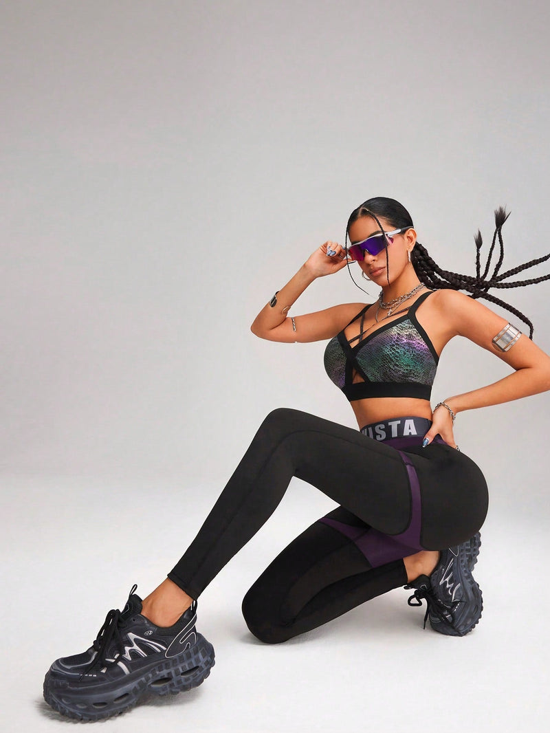 Calça Legging Fitness Cintura Alta com Recortes em Couro