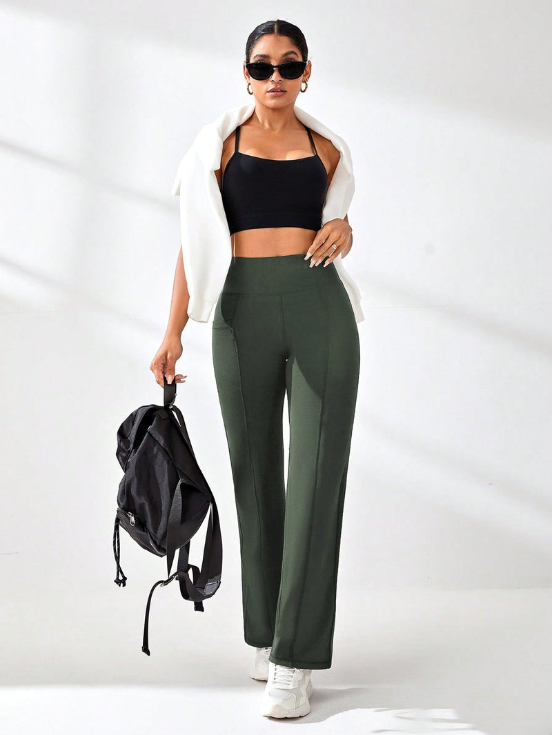 Calça Legging Wide Fitness Cintura Alta Com Recorte Y e Bolsos