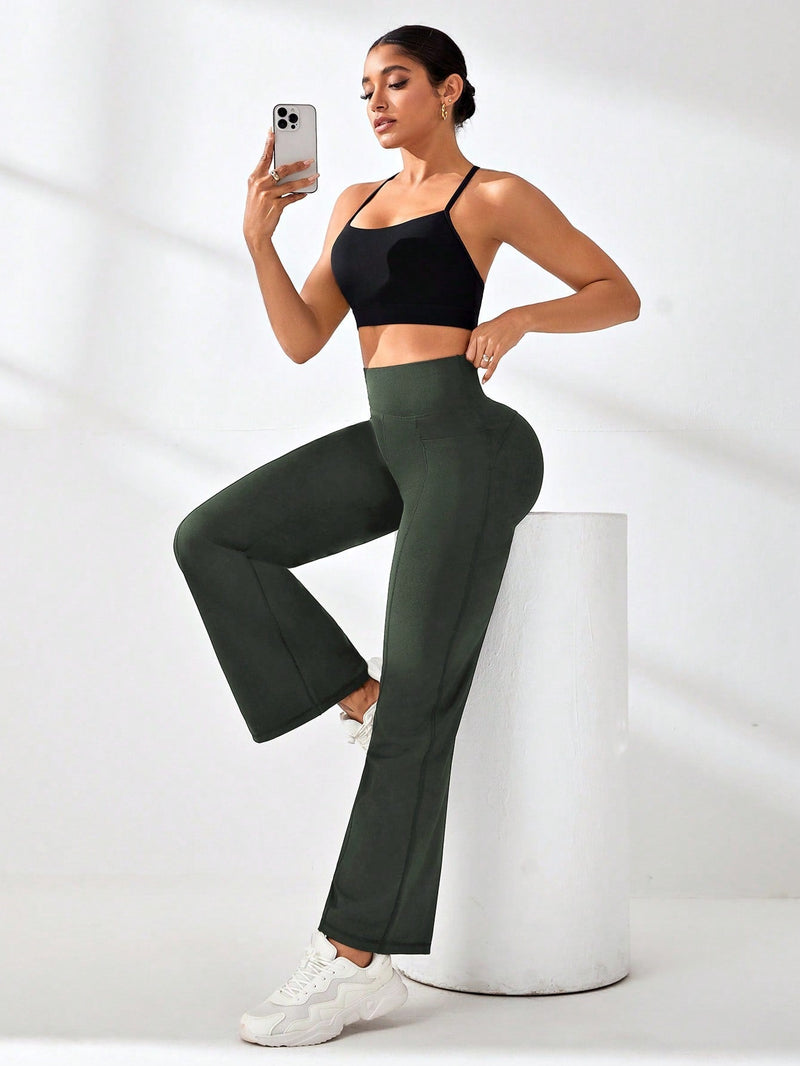 Calça Legging Wide Fitness Cintura Alta Com Recorte Y e Bolsos