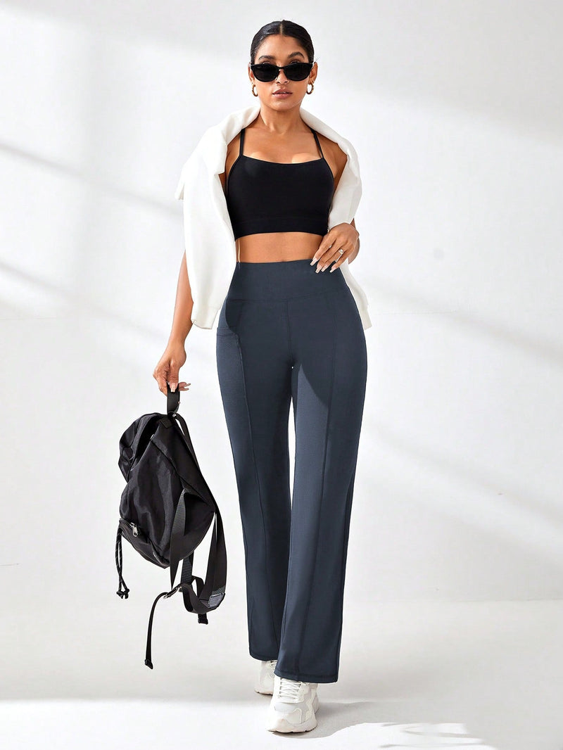Calça Legging Wide Fitness Cintura Alta Com Recorte Y e Bolsos