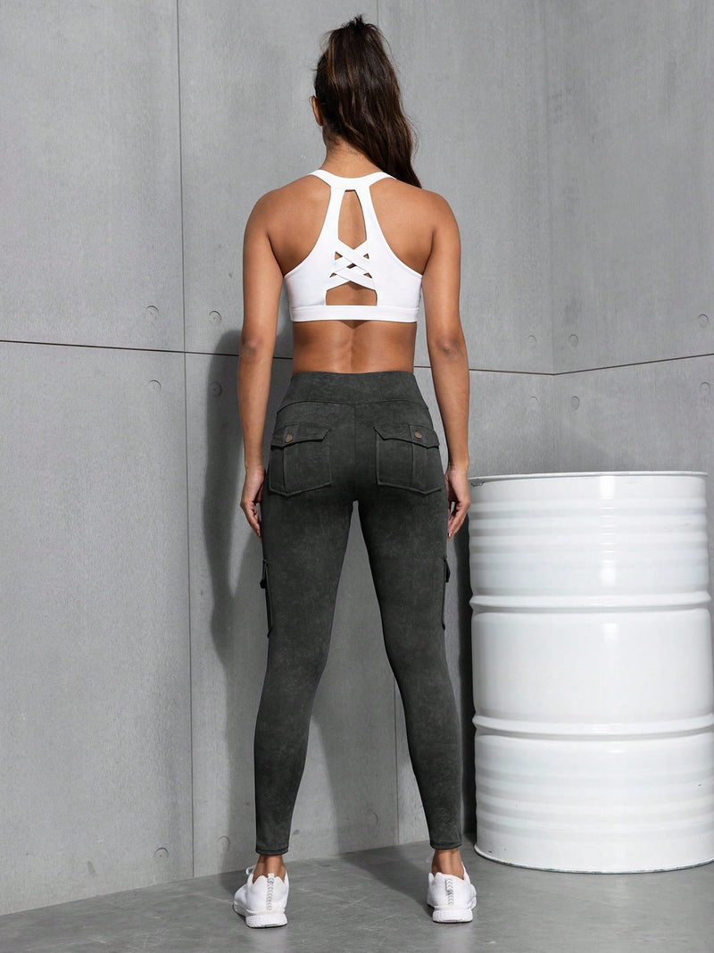 Calça Legging Feminina Bolsos Cargo e Cintura Alta