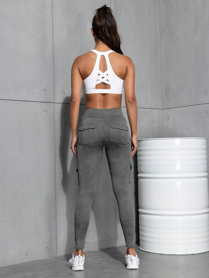 Calça Legging Feminina Bolsos Cargo e Cintura Alta