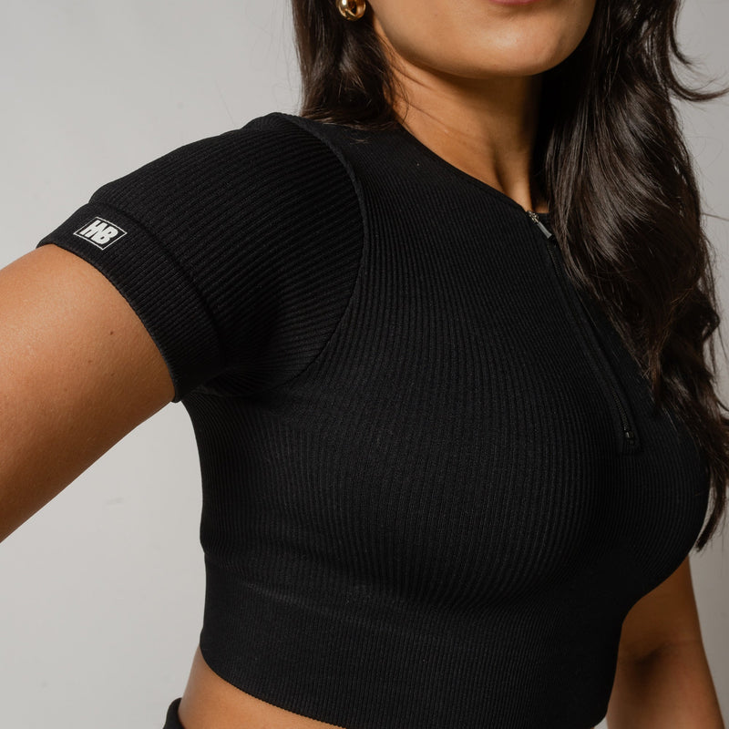 Conjunto Fitness Cropped Seamless Preto Canelado CO420