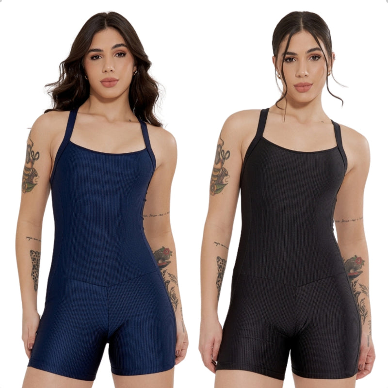 Kit 2 Macaquinho Fitness Modelador Alça Cruzada Costa Nua Canelado