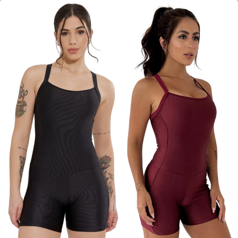 Kit 2 Macaquinho Fitness Modelador Alça Cruzada Costa Nua Canelado