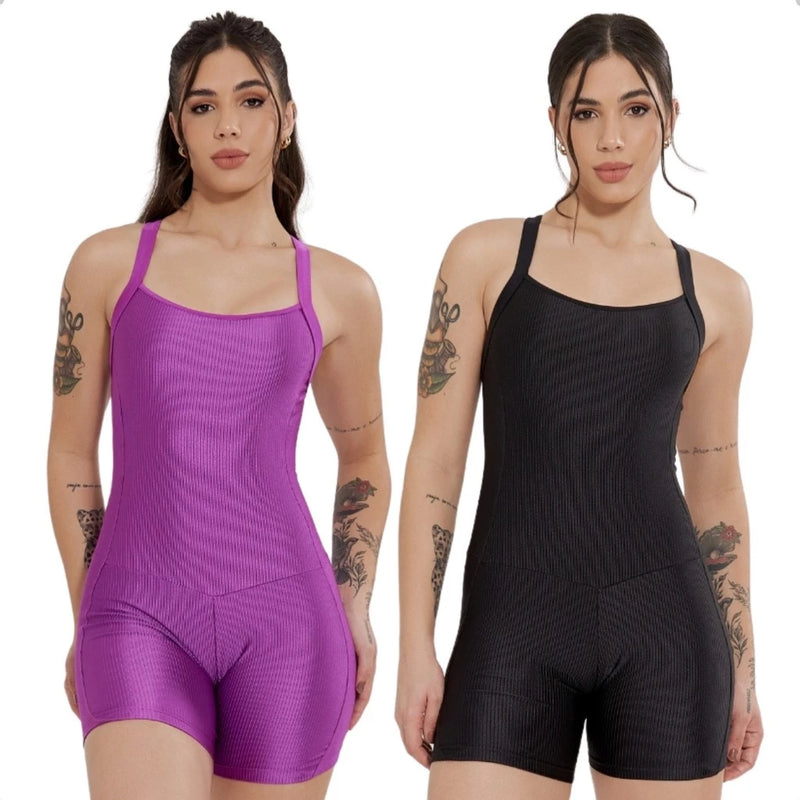 Kit 2 Macaquinho Fitness Modelador Alça Cruzada Costa Nua Canelado