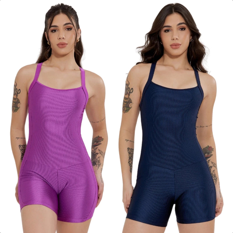 Kit 2 Macaquinho Fitness Modelador Alça Cruzada Costa Nua Canelado